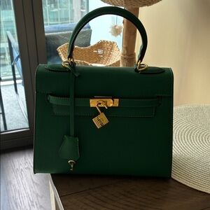 Green Leather Top-Handle Satchel with Gold Hardware
